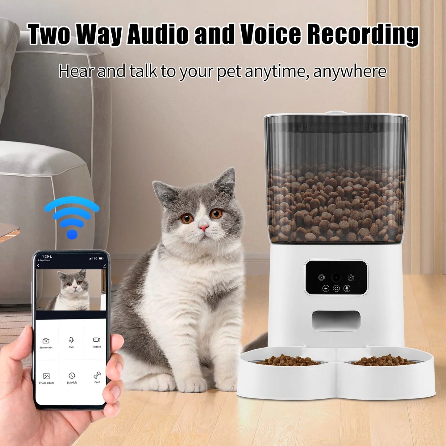 Smart Automatic Pet Feeder with Camera for 2 Pets, 1080P Camera 5L Cat Feeder with 2 Stainless Steel Bowls, Two Way Talk, Remote APP Control Support 2.4G Wifi