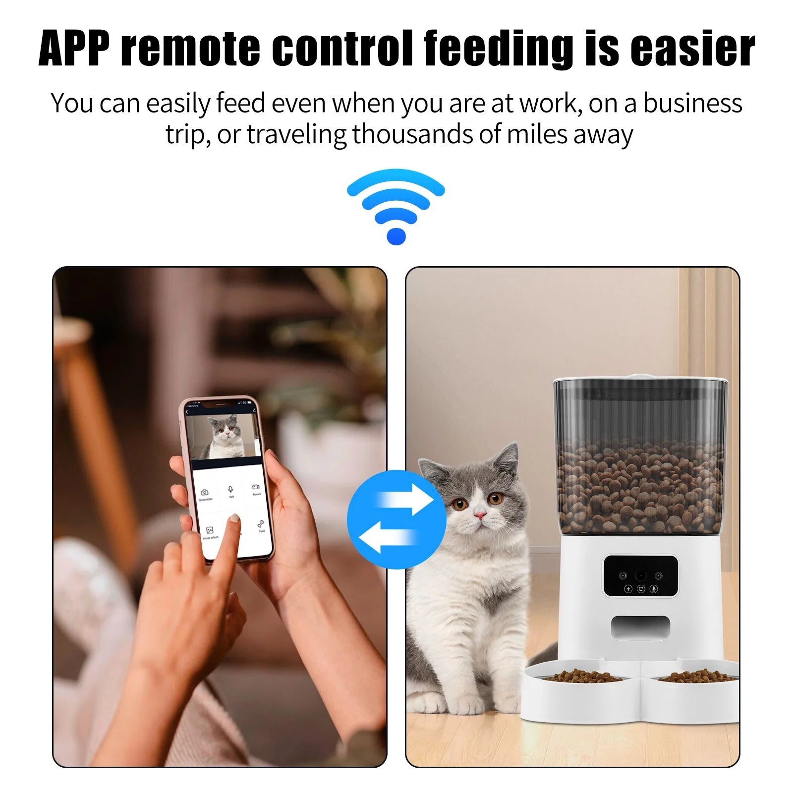 Smart Automatic Pet Feeder with Camera for 2 Pets, 1080P Camera 5L Cat Feeder with 2 Stainless Steel Bowls, Two Way Talk, Remote APP Control Support 2.4G Wifi