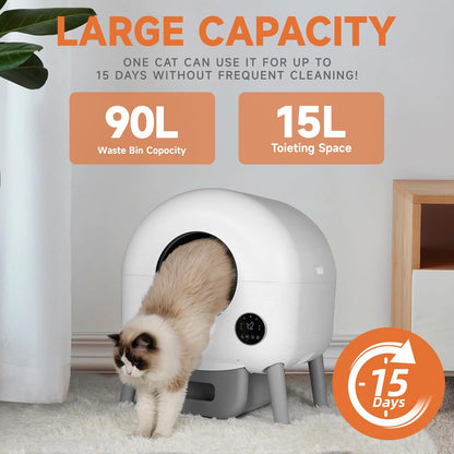 Smart Self-Cleaning Cat Litter Box – Automatic, App-Controlled, Multi-Cat Friendly, Includes 1 Roll of Waste Bags & Mat, 105L White 2.0