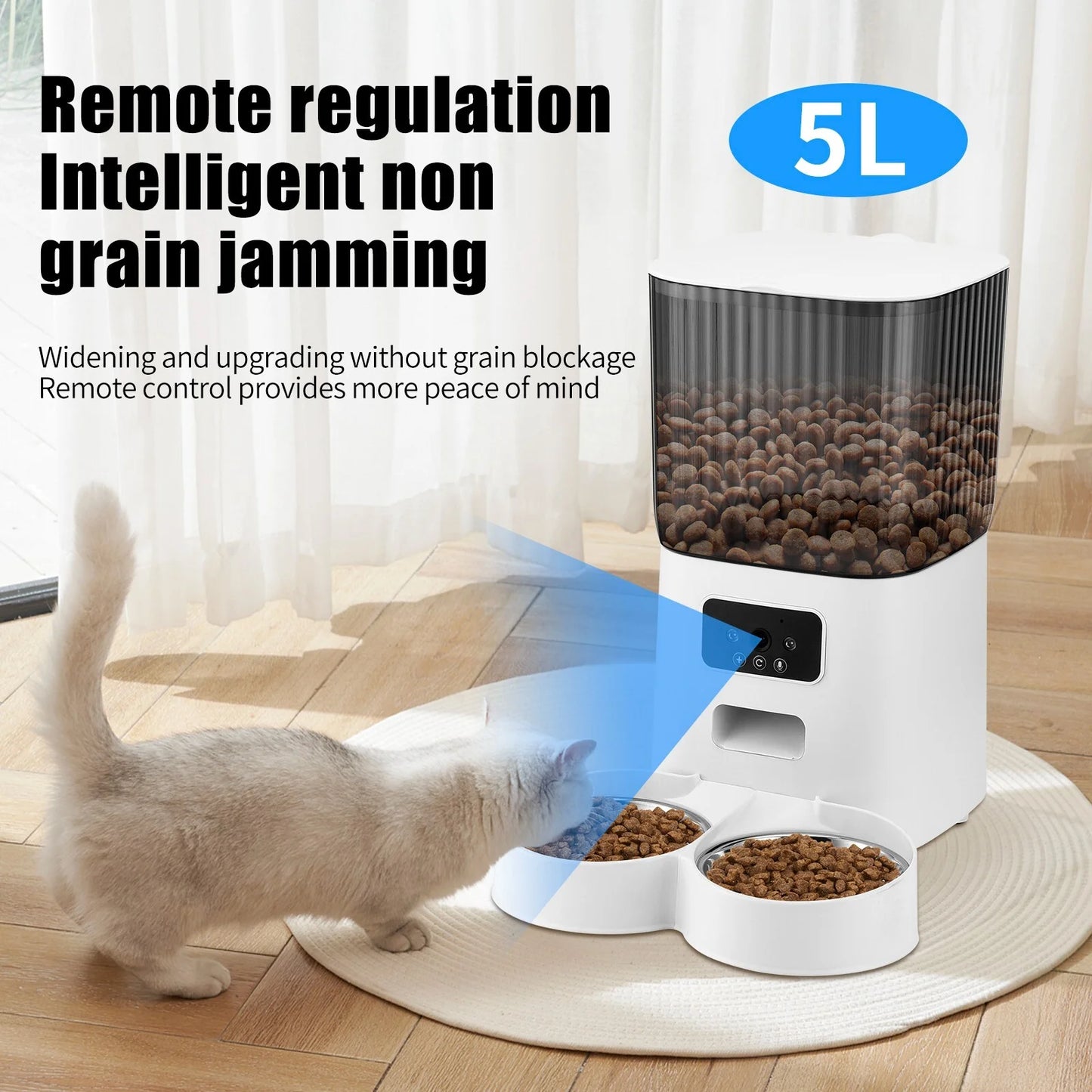 Smart Automatic Pet Feeder with Camera for 2 Pets, 1080P Camera 5L Cat Feeder with 2 Stainless Steel Bowls, Two Way Talk, Remote APP Control Support 2.4G Wifi