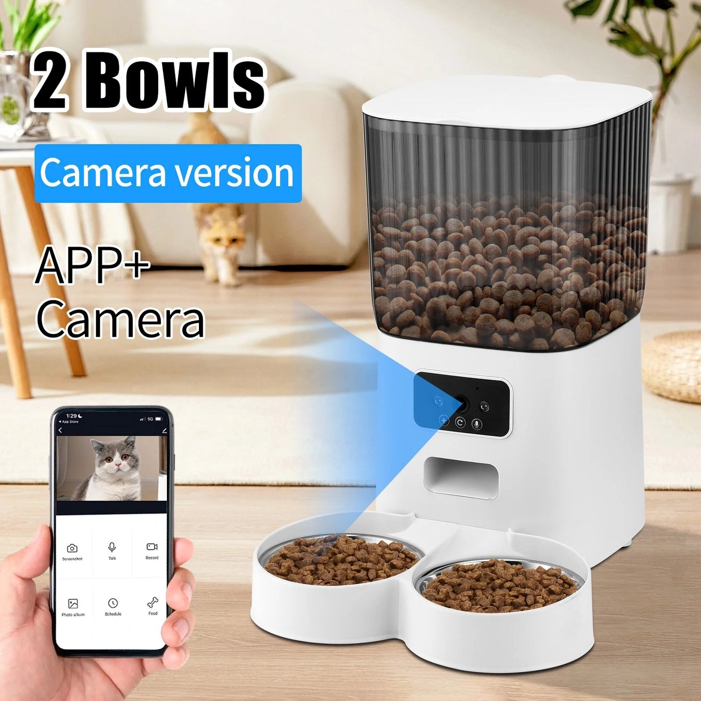 Smart Automatic Pet Feeder with Camera for 2 Pets, 1080P Camera 5L Cat Feeder with 2 Stainless Steel Bowls, Two Way Talk, Remote APP Control Support 2.4G Wifi