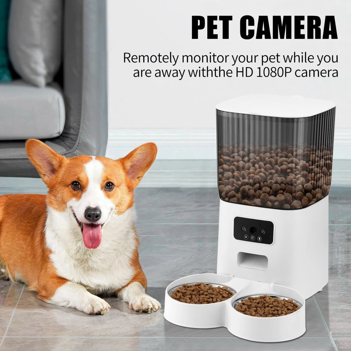 Smart Automatic Pet Feeder with Camera for 2 Pets, 1080P Camera 5L Cat Feeder with 2 Stainless Steel Bowls, Two Way Talk, Remote APP Control Support 2.4G Wifi