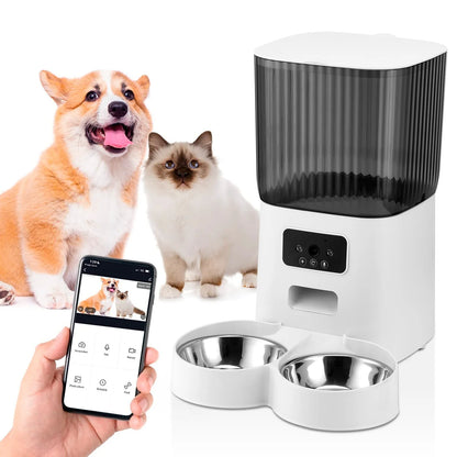 Smart Automatic Pet Feeder with Camera for 2 Pets, 1080P Camera 5L Cat Feeder with 2 Stainless Steel Bowls, Two Way Talk, Remote APP Control Support 2.4G Wifi